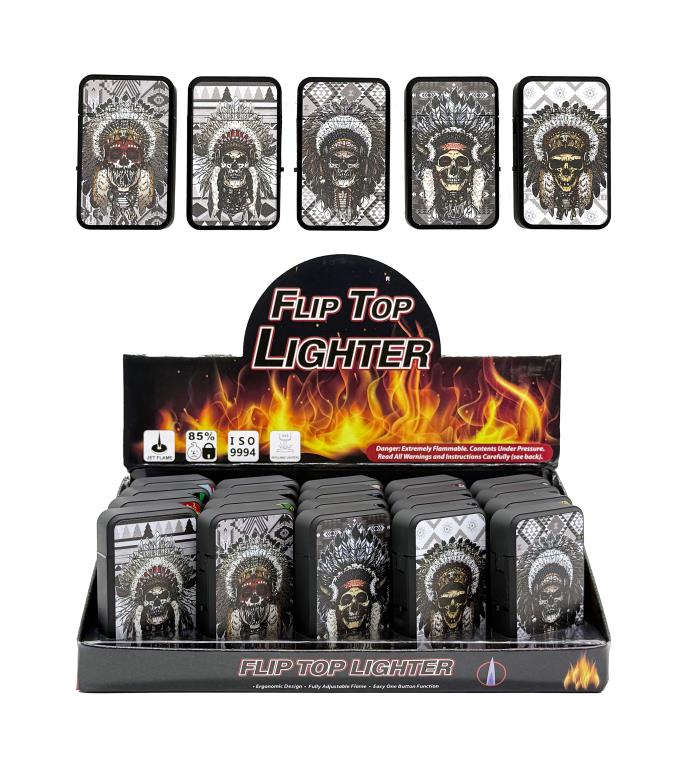 Native American Indian themed flip top refillable lighters showing 5 assorted design variants in wholesale inner box