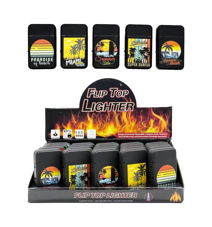 Vintage beach themed flip top refillable lighters with retro surf and coastal artwork in a 20-unit display inner