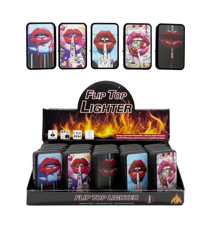 Bold red lips design novelty flip top refillable lighters, 5 assorted designs shown in wholesale display box