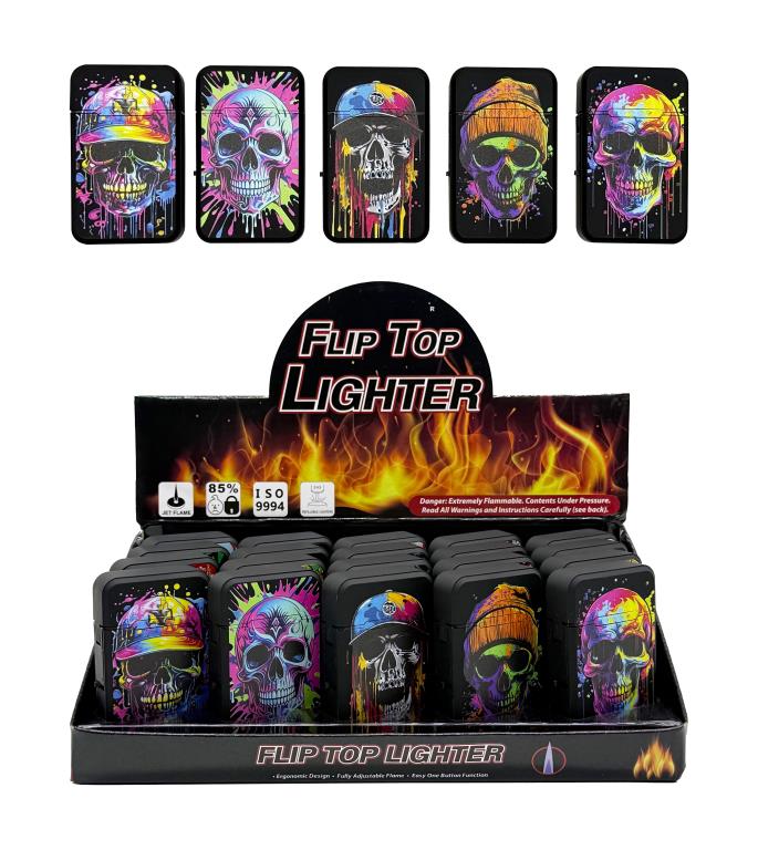 Colourful skull design novelty flip top refillable lighters in 5 assorted vibrant designs, 20-unit wholesale display