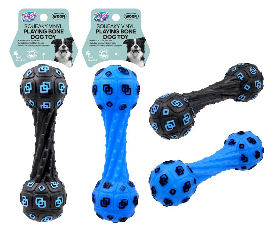 Vinyl squeaky bone dog chew toy 18.5cm in assorted designs – wholesale bulk pack for pet stores