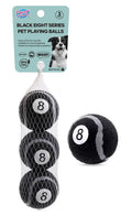 Dog ball toy 3 pack: black 6cm pet playing balls with white 8 ball decal in a net bag on a Black Eight Series hang-tag