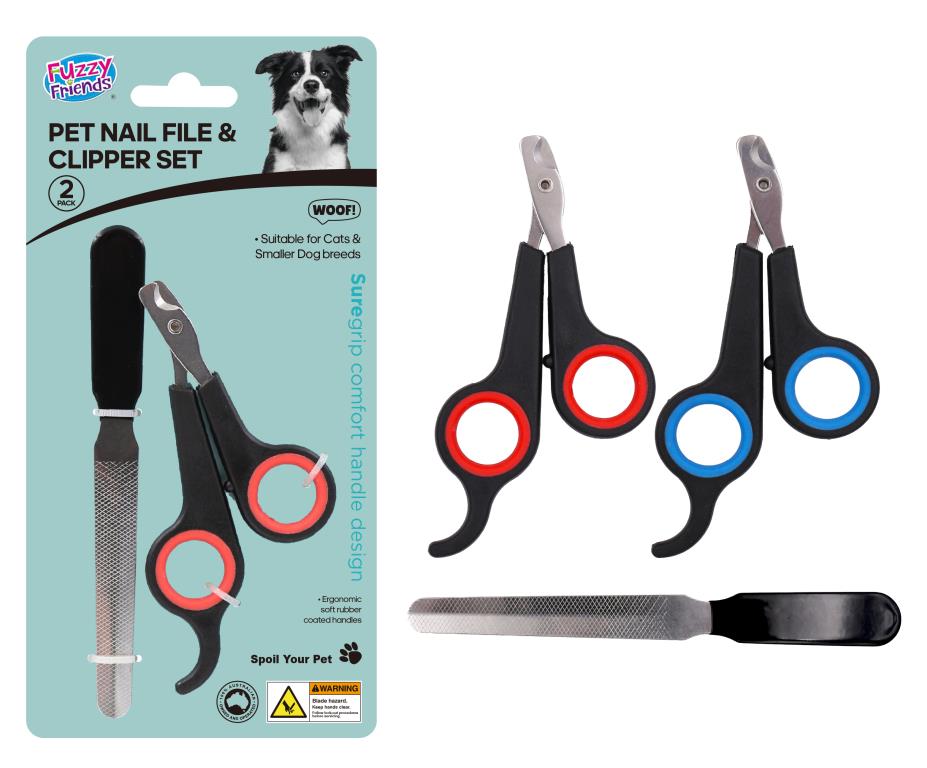 2-piece pet nail clipper and file set in assorted designs, 12cm clipper with emery file, for dog and cat grooming