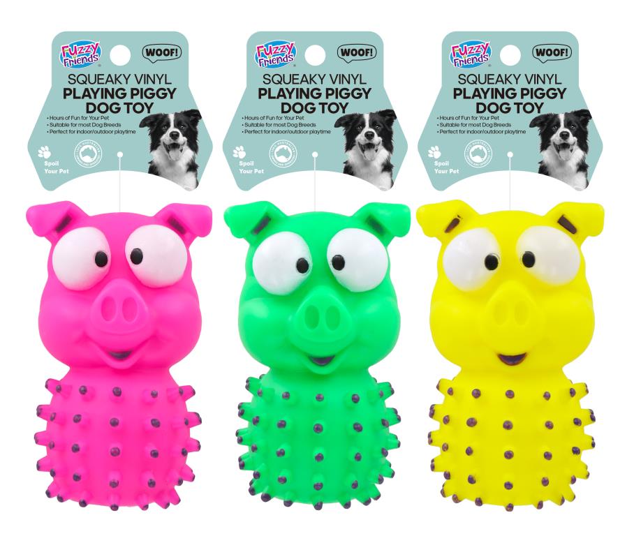 Vinyl squeaky pig dog toy 14x8.5x8cm in assorted designs, ideal as a puppy dog chew toy for small breeds