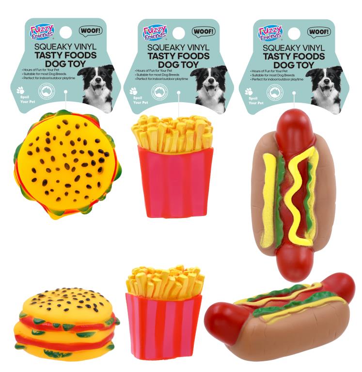 Squeaky vinyl food-shaped dog toys 15x9x9cm in assorted tasty-food designs, suitable as puppy dog chew toys