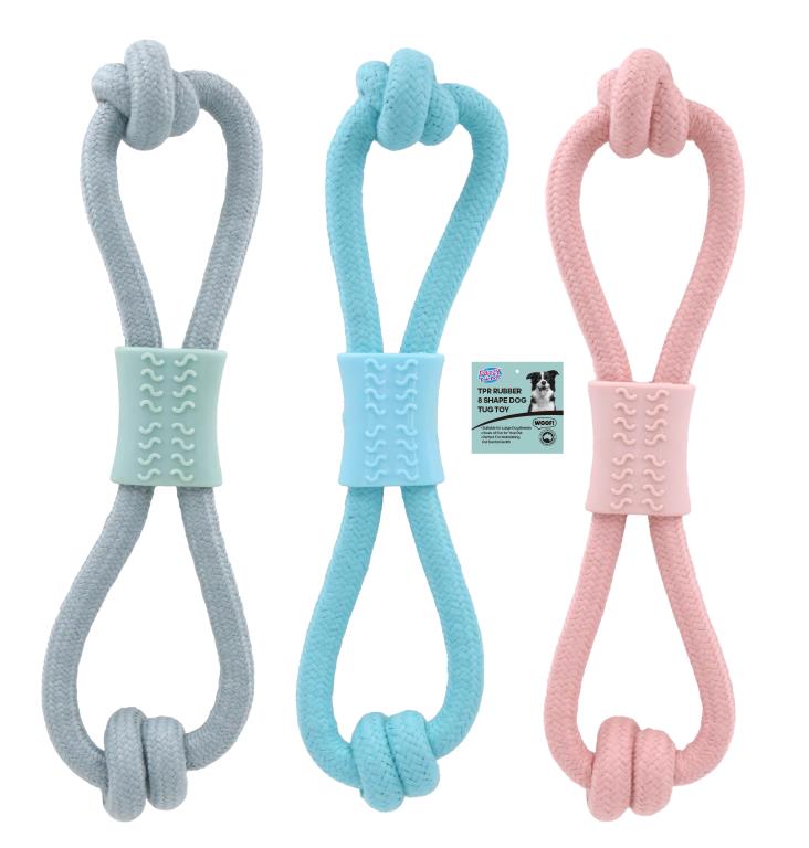 TPR rubber figure-8 shaped dog tug toy 35cm x 8cm in assorted colours for chewing and tug play