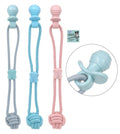 TPR rubber ball dog tug toy 48cm long in assorted colours, suitable for interactive play and pet retail display