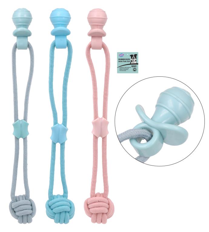 TPR rubber ball dog tug toy 48cm long in assorted colours, suitable for interactive play and pet retail display