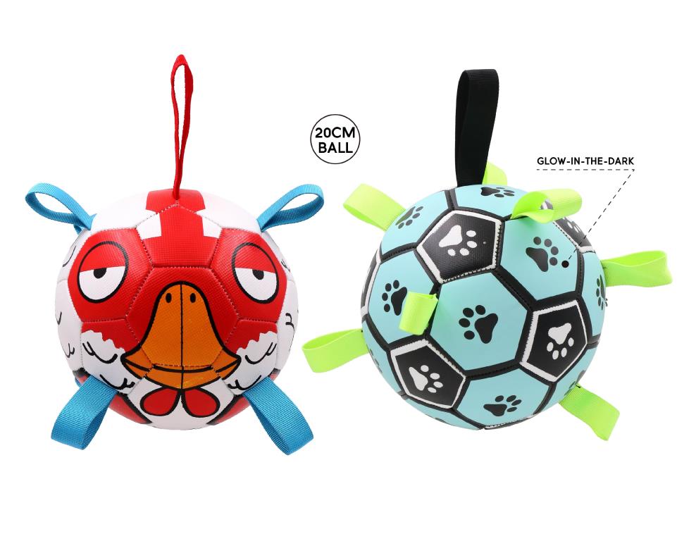 20cm inflated interactive grab play ball dog toy with assorted decals, large size shown next to hand for scale reference