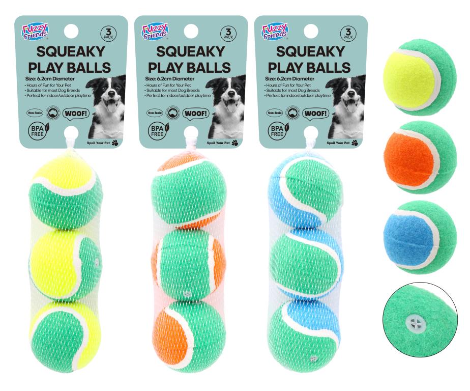 3-pack assorted colour squeaky dog balls 6.2cm diameter – medium-size squeaky toy for active dogs