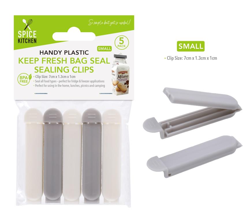 Small plastic bag seal clips 7cm in assorted colours, 5-pack, for sealing food bags in cafes and kitchens