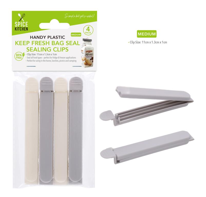 Medium plastic bag seal clips 11cm in assorted colours, 4-pack, used to seal food storage bags in commercial kitchens