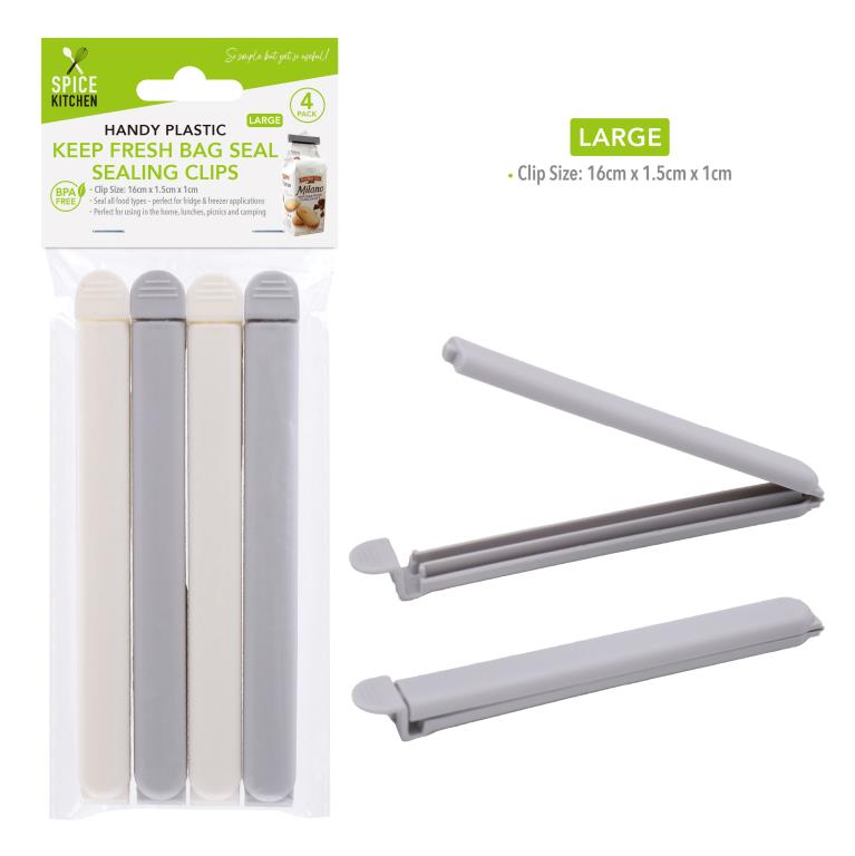 Large plastic bag seal clips 16cm in assorted colours, 4-pack, for sealing large food bags in restaurants and catering