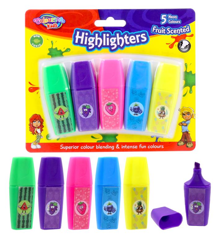 5-pack scented kids highlighters and water colour markers in assorted fruit scents, compact 6.7cm size for school use