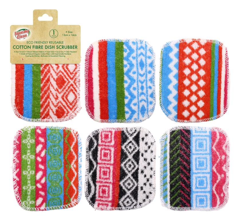 ECO 100% cotton dish scrubber 12.5x14cm in assorted designs for eco-friendly kitchen cleaning