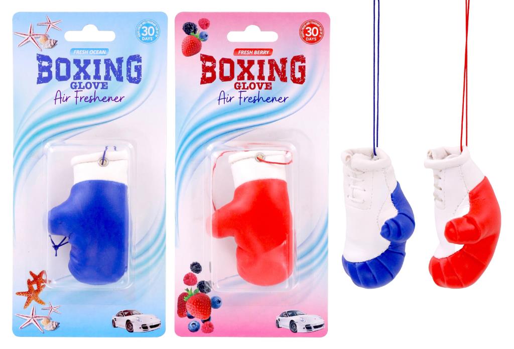 Mini boxing gloves shaped car air freshener, 8x4.8x3.2cm, assorted colours and scents, wholesale 12-pack