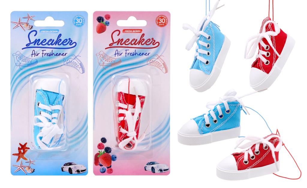 Sneaker shoe shaped hanging car air freshener, 7.6x3.3x4.1cm, assorted scents and colours, bulk wholesale pack