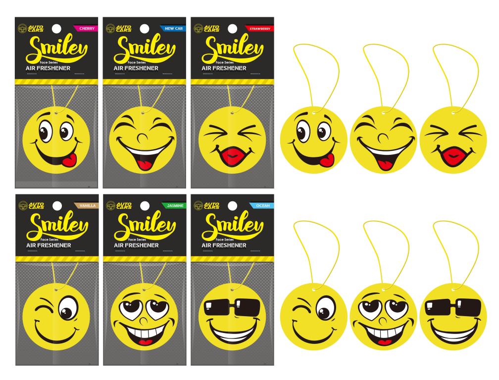 Emoji face hanging car air freshener, 6.8x6.8cm, 6 assorted designs and scents, bulk wholesale carton