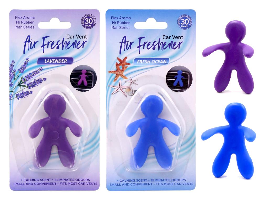 Rubber Man shaped car air freshener in assorted colours, 6.5x4.8x3.3cm, Flex Aroma series bulk pack