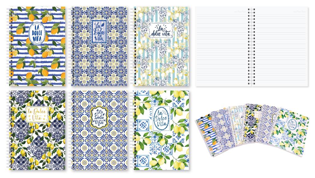A5 spiral notebook La Dolce Vita Series 100 pages assorted designs, wholesale stationery for offices and retail