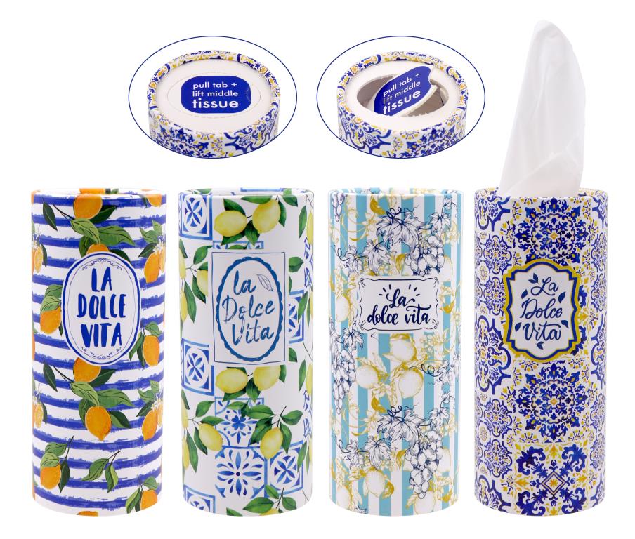 Decorative cylinder car tissue box, 16x6.8cm, Amalfi Dolce Vita series assorted designs, 50-tissue pack wholesale