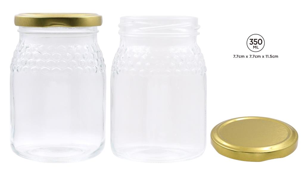 375ml clear decorative glass preserving jar with gold lid, 8x8x10.5cm, suitable for food storage and gift packaging