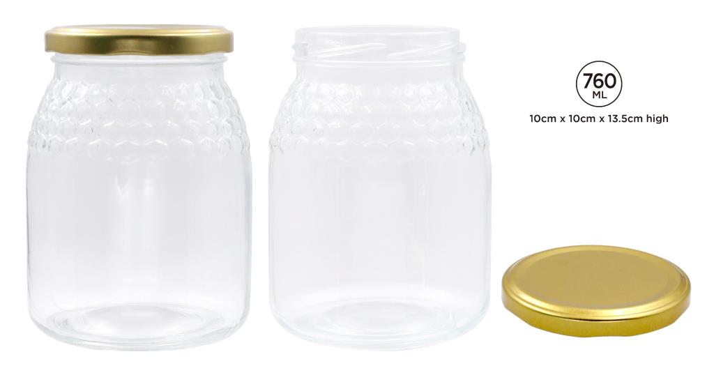 760ml clear decorative glass jar with gold lid, 9.5x9.5x13cm, used for preserving, gifting, and event display