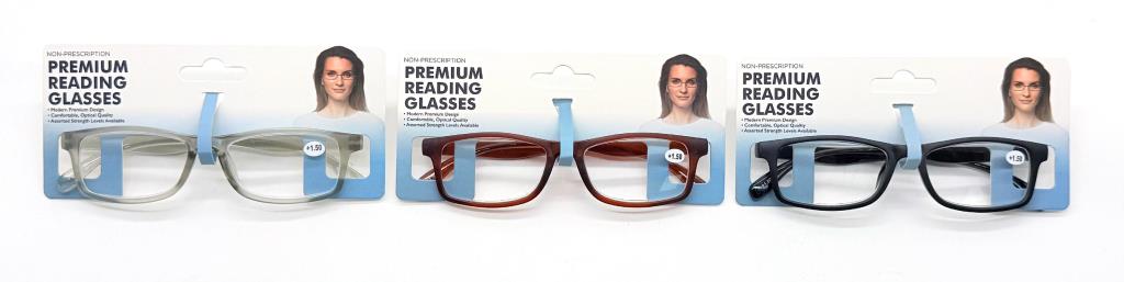 Assorted reading glasses in multiple strengths and colours, wholesale carton for retail display