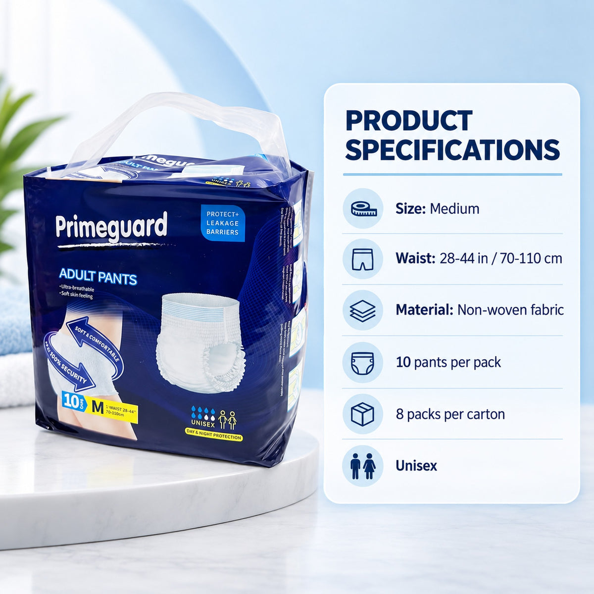 Incontinence underwear specs: medium, waist 28-44 in, non-woven, 10 per pack, 8 packs per carton