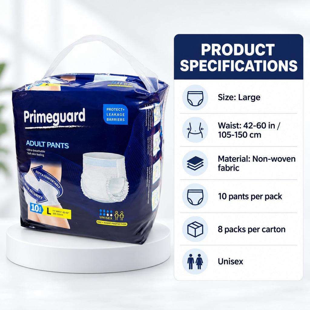 Incontinence underwear specs: large, waist 42-60 in, non-woven, 10 per pack, 8 packs per carton