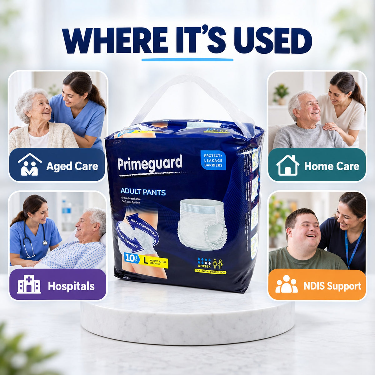 Large incontinence underwear for aged care, home care, hospitals and NDIS support