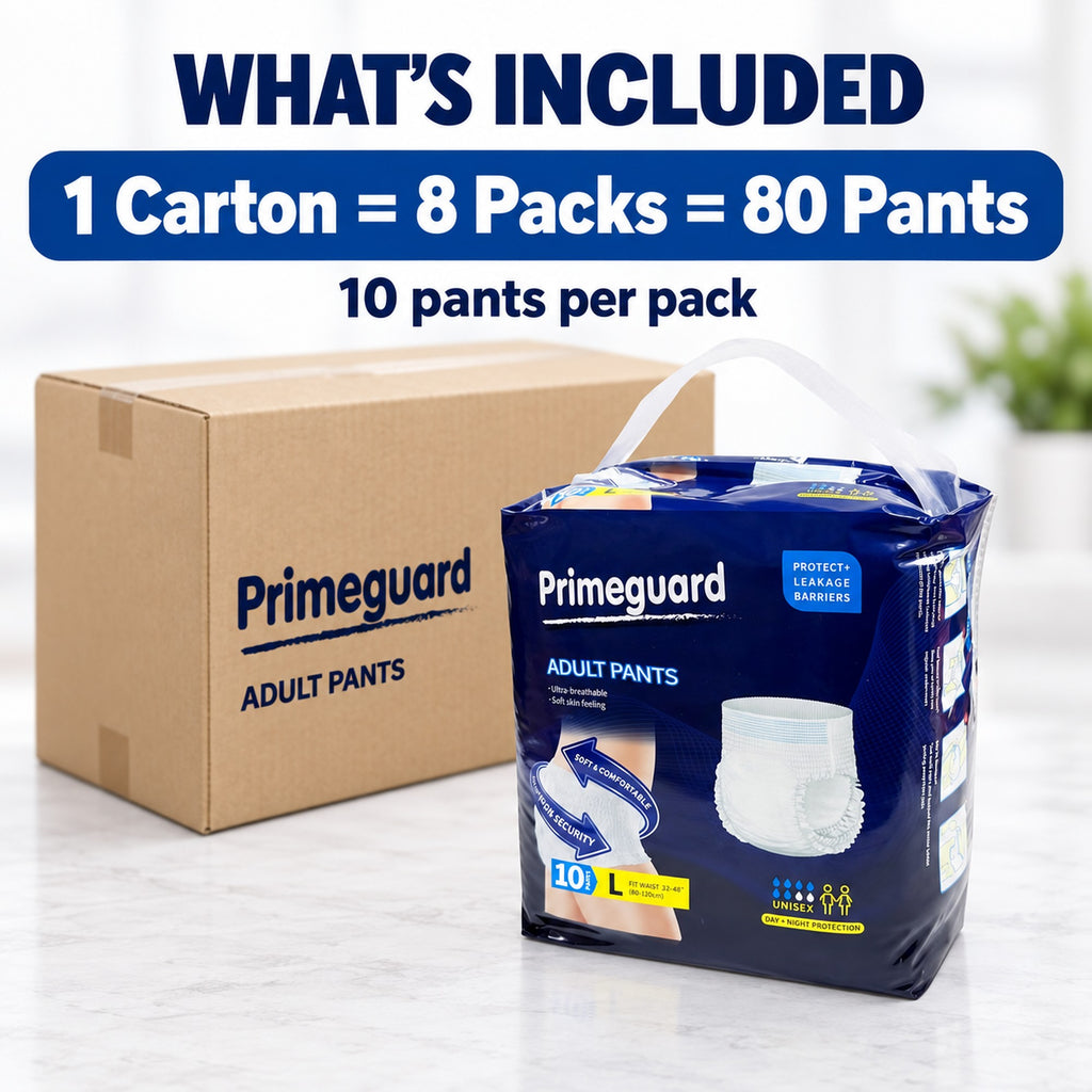 Primeguard large incontinence underwear carton: 8 packs of 10, 80 pants total