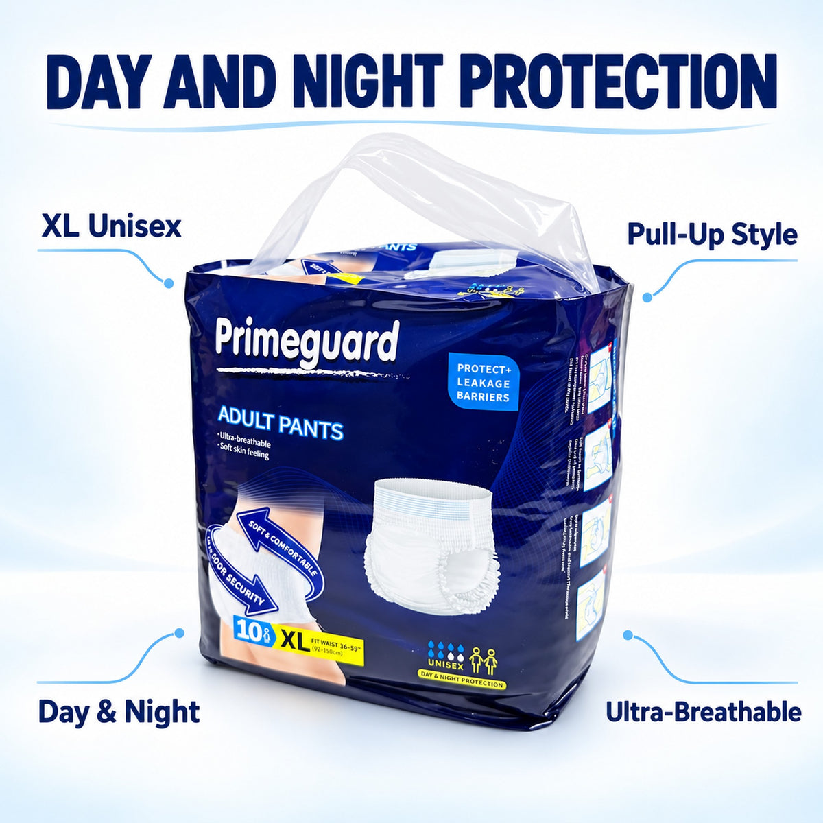 XL unisex incontinence underwear with day and night wear, leakage barriers and pull-up style
