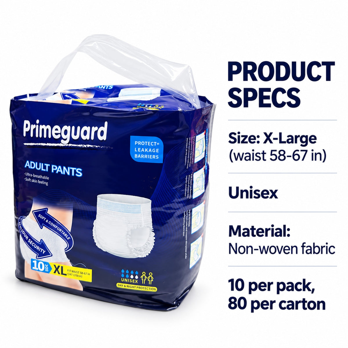 Incontinence underwear specs: XL, waist 58-67 in, non-woven, 10 per pack, 8 packs per carton