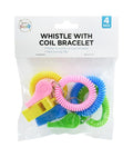 4-pack coil bracelets with whistle in assorted colours – wearable party bag fillers for children's parties