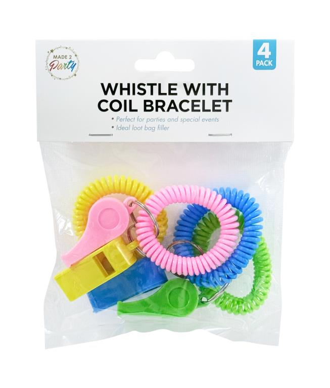 4-pack coil bracelets with whistle in assorted colours – wearable party bag fillers for children's parties