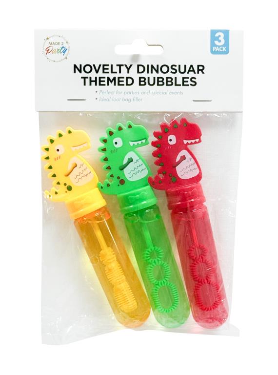 3-pack dinosaur themed bubble wands in assorted designs, party loot bag filler for kids events and schools