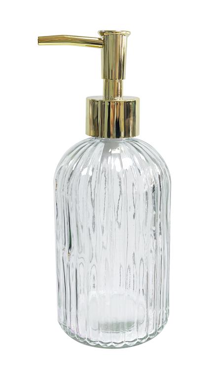 Clear glass and gold hand soap dispenser, 7.5cm diameter, for boutique café bathrooms and upscale hospitality venues