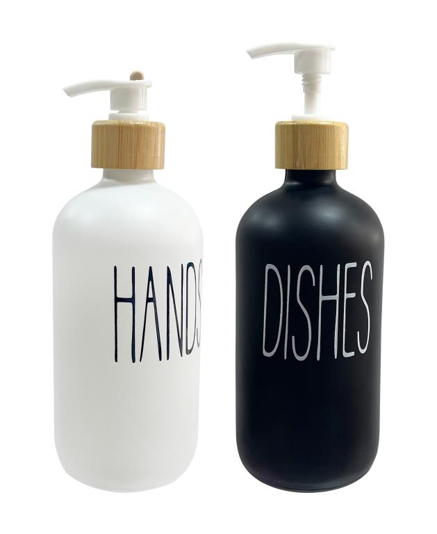 Foaming soap dispenser with hands and dishes motif, 7cm diameter, for café and commercial kitchen countertops