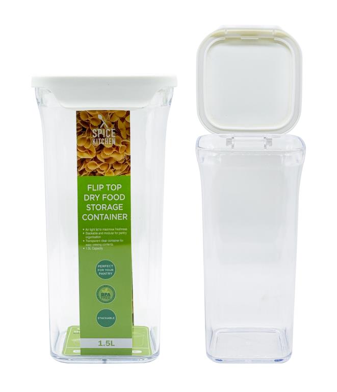 1.5 litre square clear plastic airtight flip-top food storage container with white lid, large pantry storage wholesale
