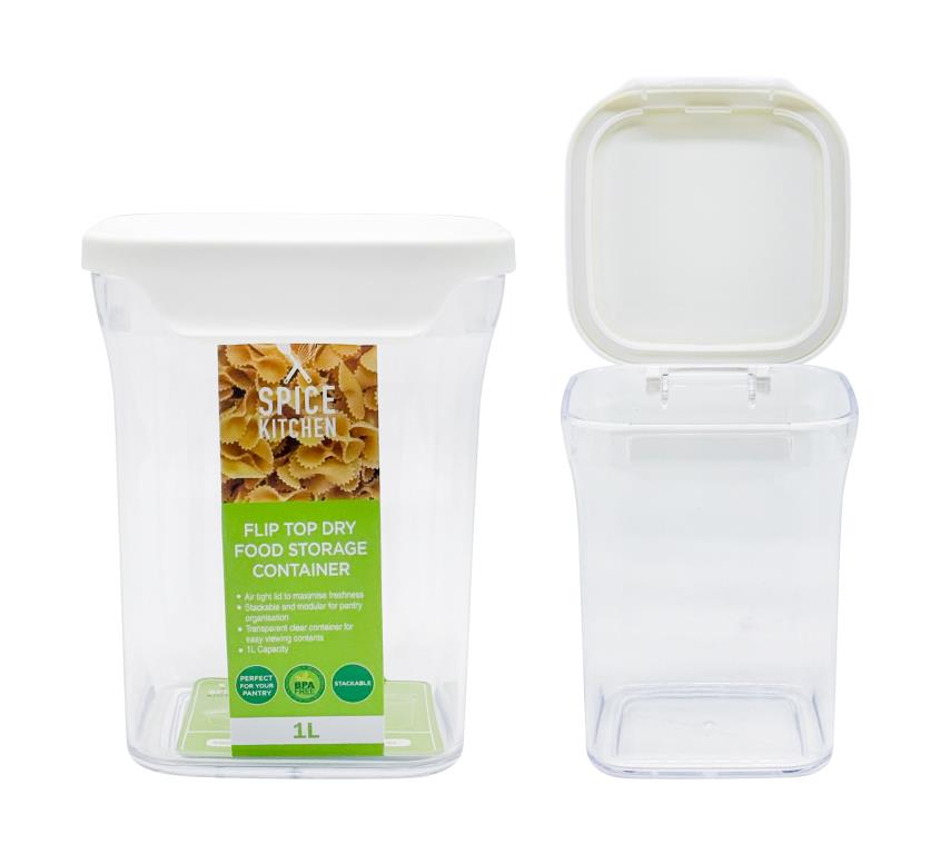 1 litre square clear plastic airtight food storage container with white flip-top lid, wholesale pantry storage