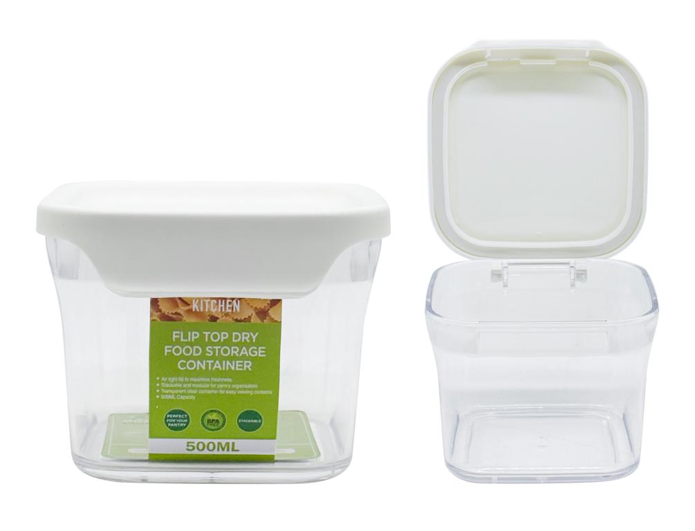 500ml square airtight flip-top plastic food storage container with white lid and clear body, pantry food storage