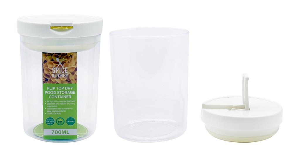 700ml round clear airtight plastic flip-top food storage container with white lid, restaurant dry food storage wholesale