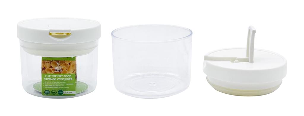 350ml round clear plastic airtight flip-top food storage container with white lid, compact pantry food storage wholesale
