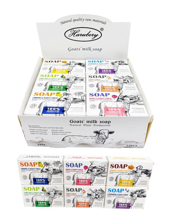 Six assorted scent goat milk soap bars 9x2.5x5.5cm arranged in a row, natural personal care wholesale