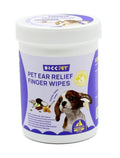50-pack pet ear relief finger wipes with Manuka Honey scent for dog ear cleaning, individual wipe shown