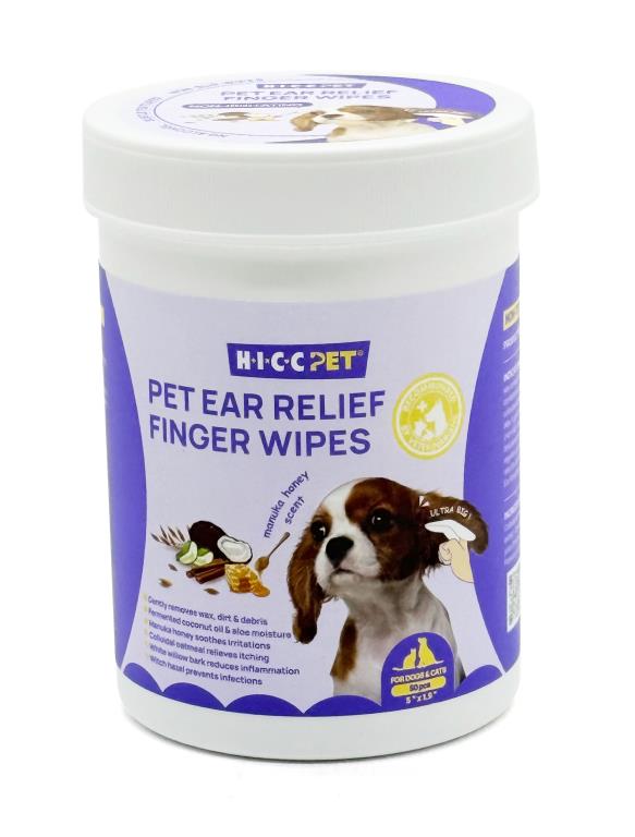 50-pack pet ear relief finger wipes with Manuka Honey scent for dog ear cleaning, individual wipe shown