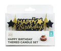 Black and gold deluxe happy birthday candle set, 6 cake candles per pack, wholesale bulk supply for events and retail