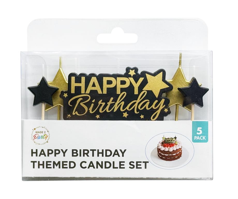 Black and gold deluxe happy birthday candle set, 6 cake candles per pack, wholesale bulk supply for events and retail