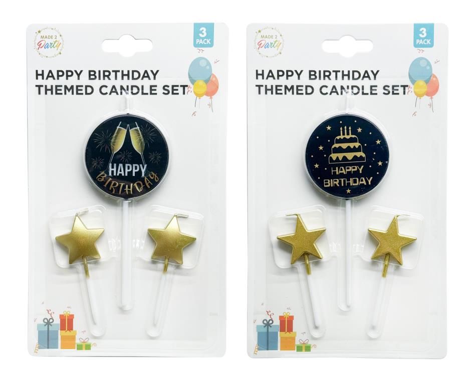 Happy Birthday themed Black and Gold candle set, 6 birthday cake candles per pack, bulk wholesale supply for party and hospitality